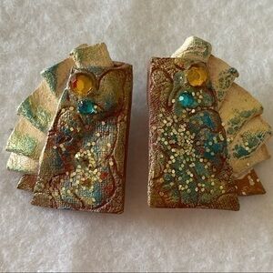 Vintage Cream Gold Teal Ceramic Rhinestone Ruffle Statement Button Earrings